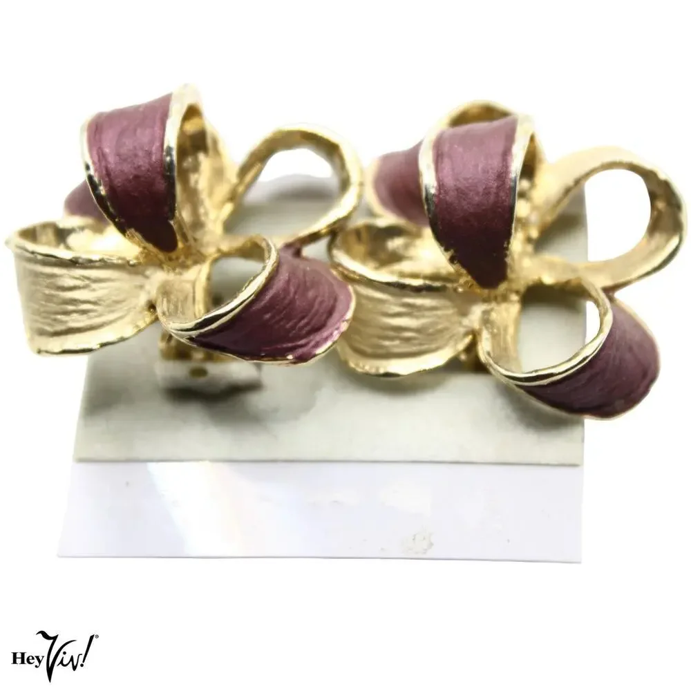 Vintage Gold Tone Burgundy Enamel Bow Clip-On Earrings 1.5